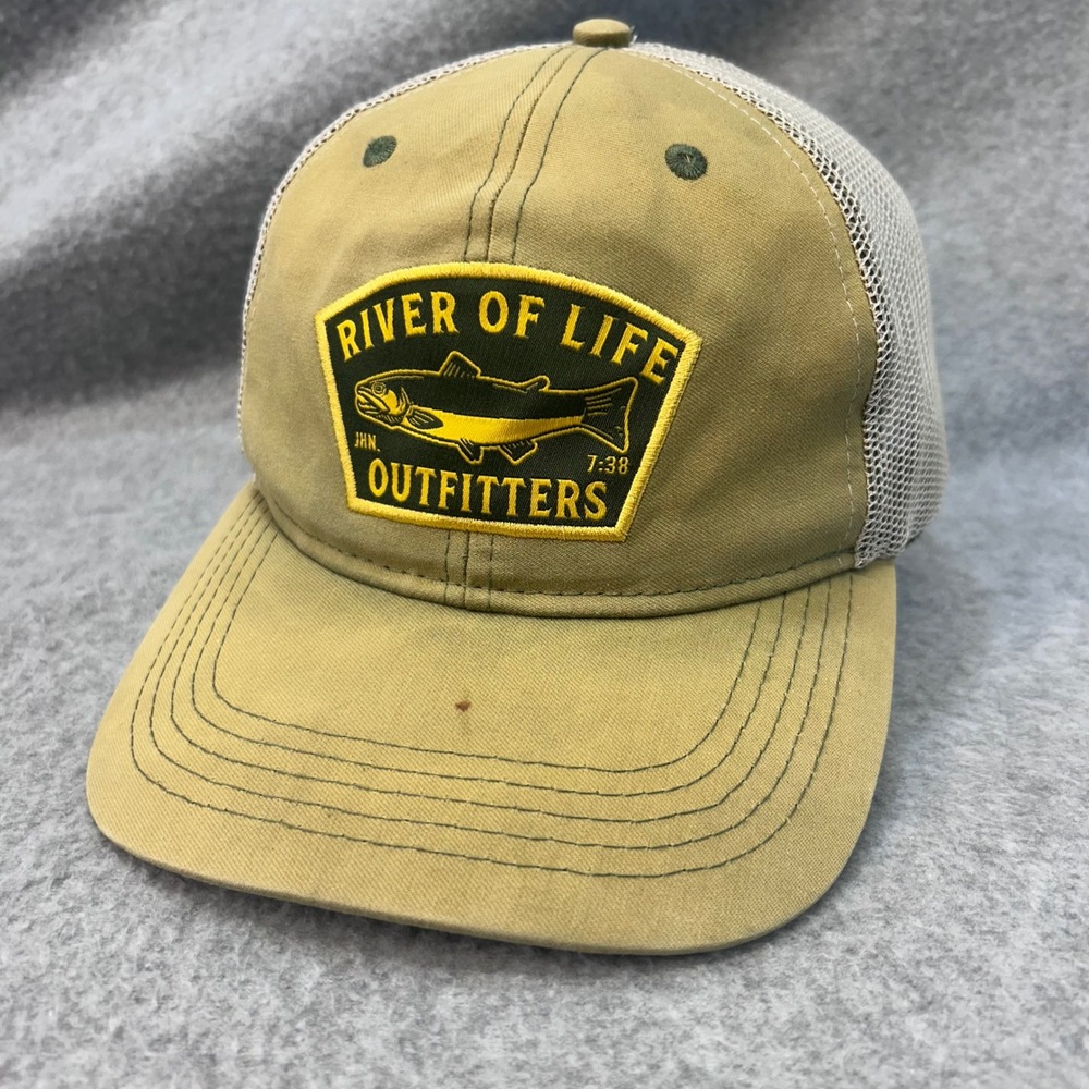 River of Life Outfitters Mens Tan Light Source Trucker Hat Fish Patch OSFM